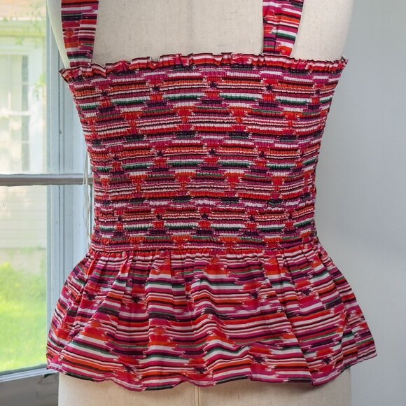 Loft Peplum Top Pink Striped Smocked Blouse 100% Cotton Dressy Casual Preppy Y2K - Picture 6 of 9